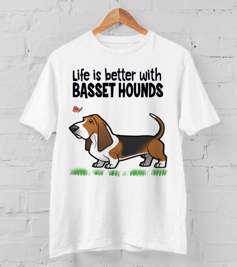 Life Is Better With Basset Hounds Butterfly And Dog Graphics On Grass T-Shirt