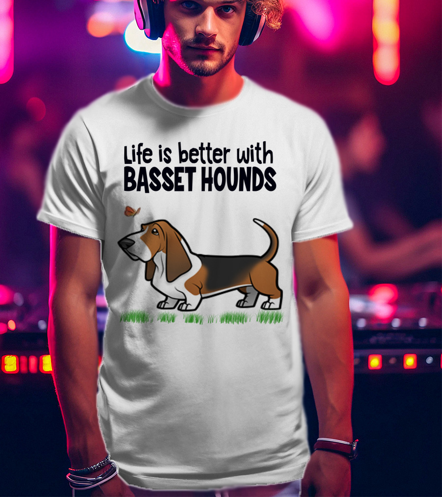 Life Is Better With Basset Hounds Butterfly And Dog Graphics On Grass T-Shirt