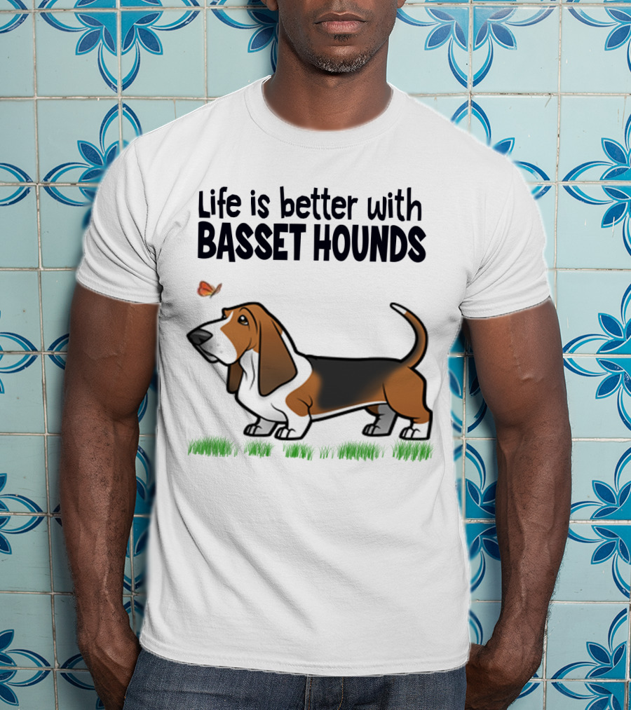 Life Is Better With Basset Hounds Butterfly And Dog Graphics On Grass T-Shirt