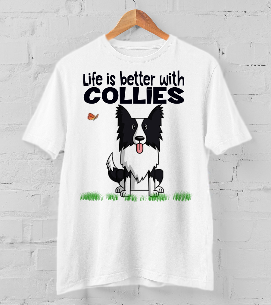 Life Is Better With Collies Cute Border Collie Illustration Butterfly And Grass T-Shirt