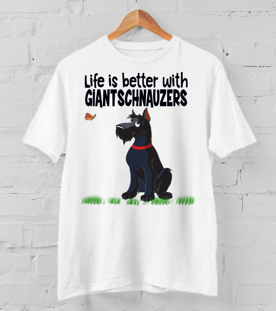 Life Is Better With Giant Schnauzers Playful Cartoon Dog And Butterfly In Grass T-Shirt