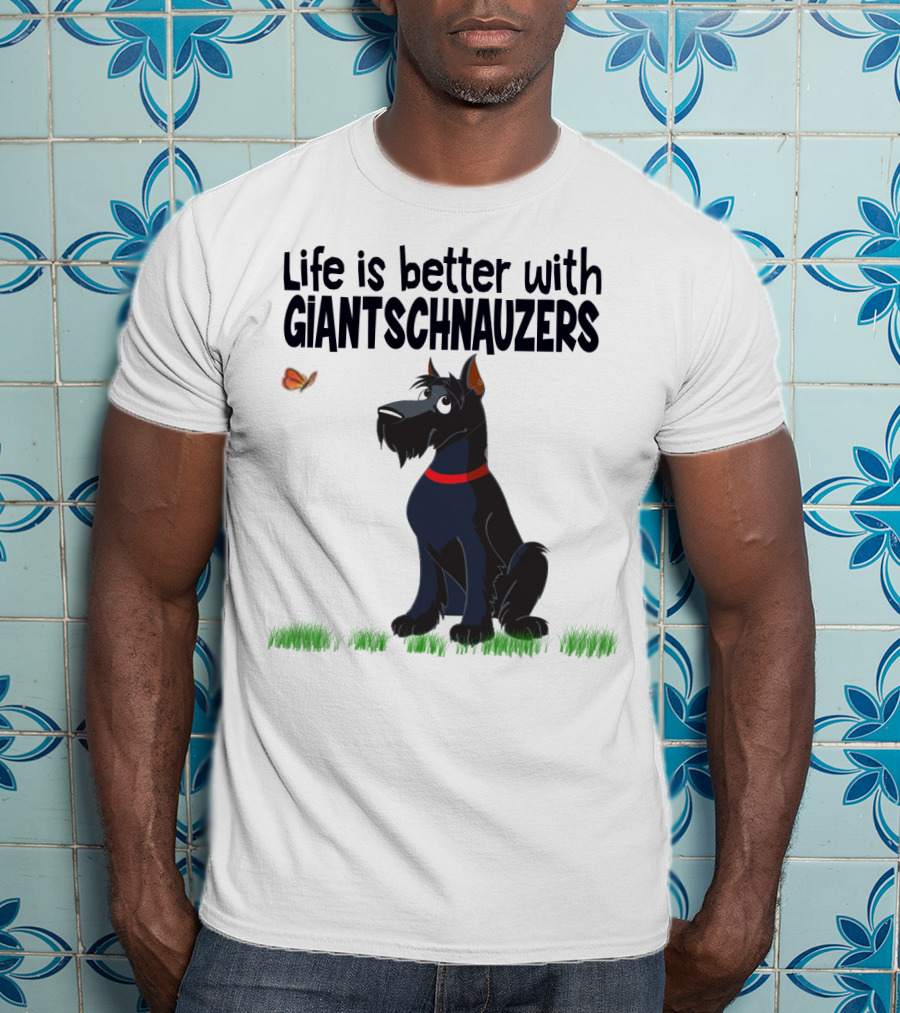 Life Is Better With Giant Schnauzers Playful Cartoon Dog And Butterfly In Grass T-Shirt