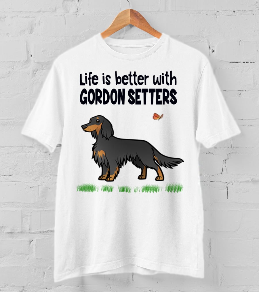 Life Is Better With Gordon Setters Charming Dog Illustration Featuring Butterfly And Grass T-Shirt