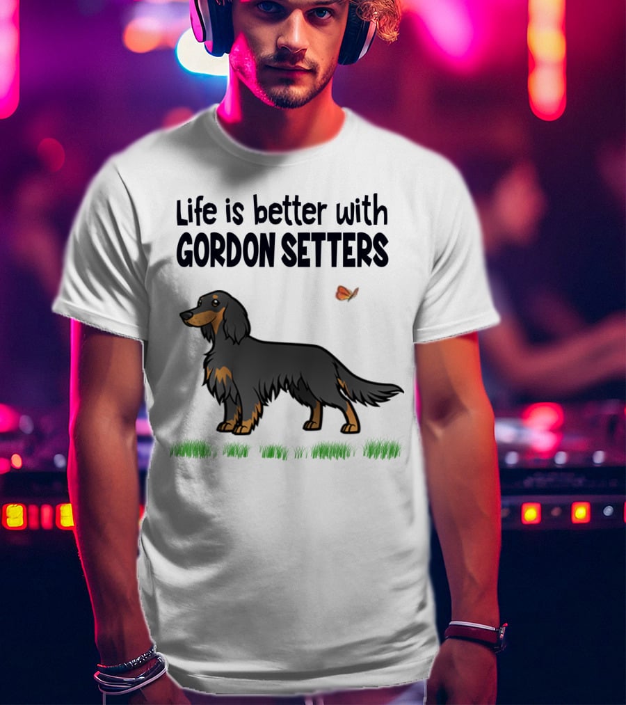 Life Is Better With Gordon Setters Charming Dog Illustration Featuring Butterfly And Grass T-Shirt