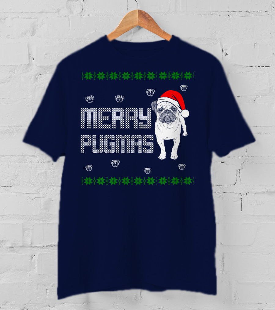 Merry Pugmas Festive Santa Hat Pug With Holiday Patterns And Green Poinsettias T-Shirt