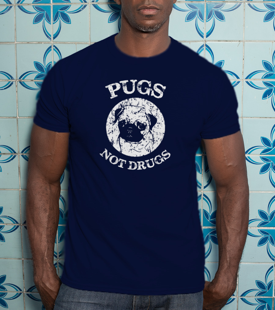 Vintage Style Pugs Not Drugs With Distressed Pug Face T-Shirt