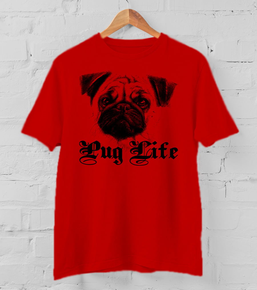 Pug Life Gothic Script With Realistic Pug T-Shirt