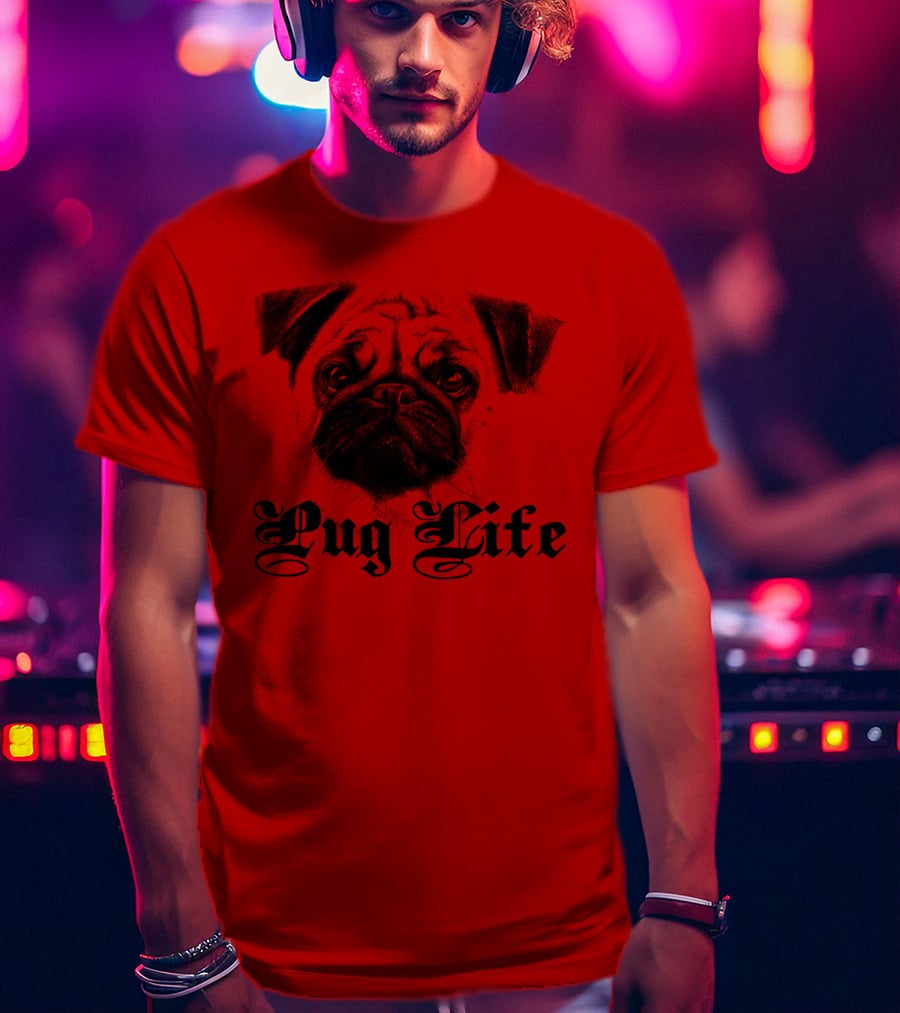 Pug Life Gothic Script With Realistic Pug T-Shirt