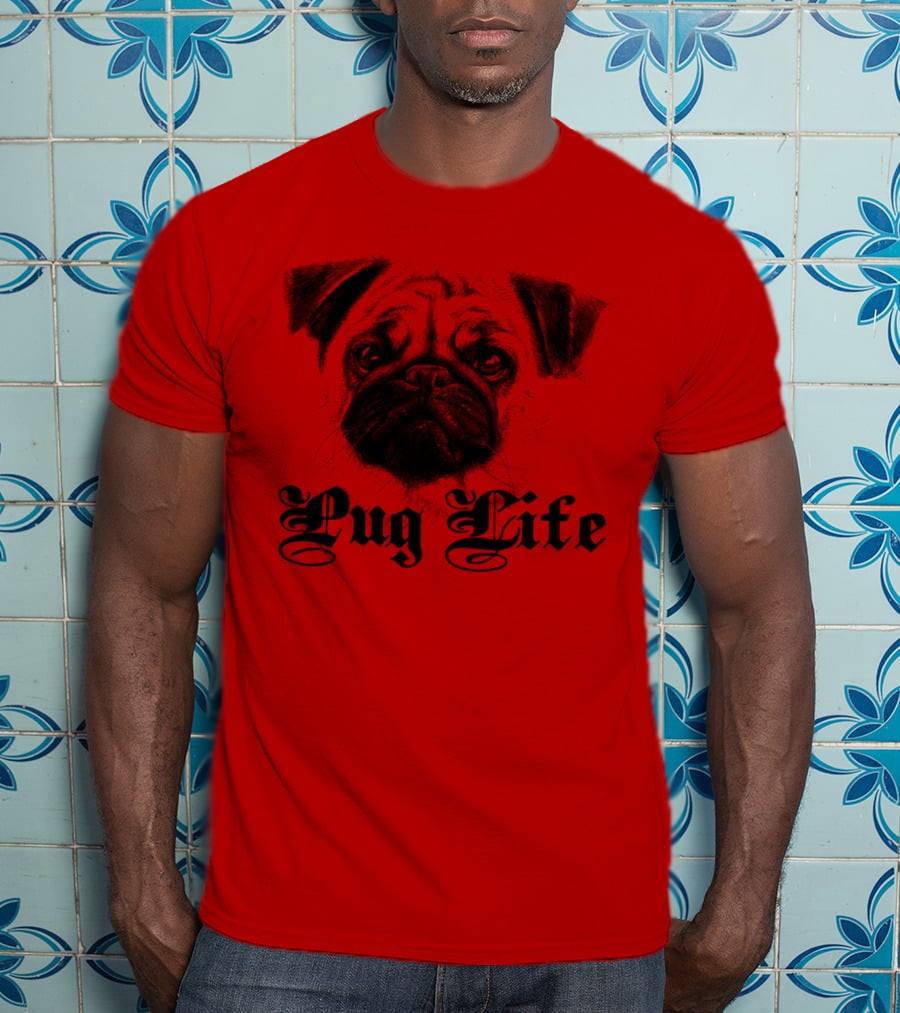 Pug Life Gothic Script With Realistic Pug T-Shirt