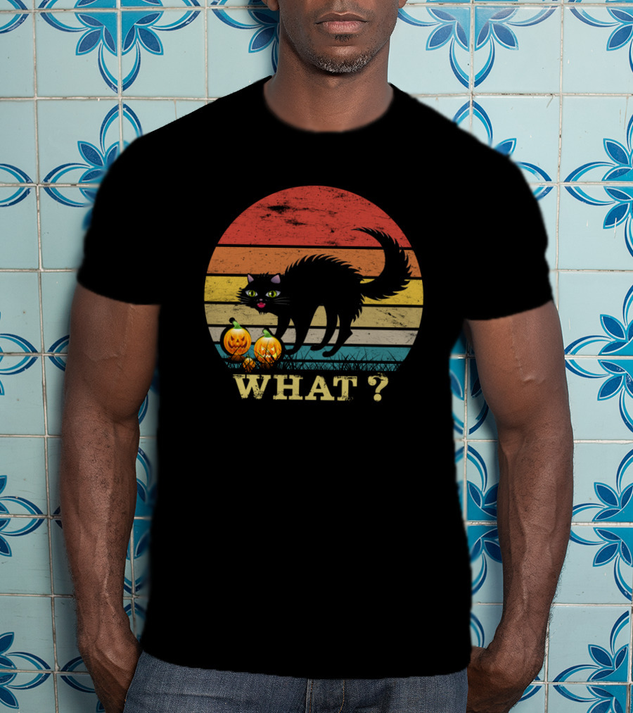 Black Cat What With Pumpkins Retro Sunset T-Shirt