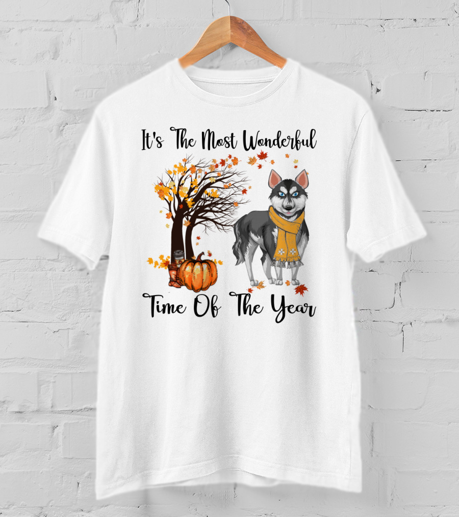 It's The Most Wonderful Time Of The Year Siberian Husky Fall Leaves Pumpkin Scarf Tree T-Shirt