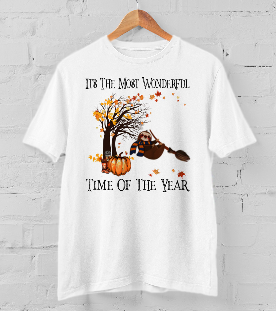 It's The Most Wonderful Time Of The Year Sloth Broom Pumpkin Autumn Leaves Tree T-Shirt