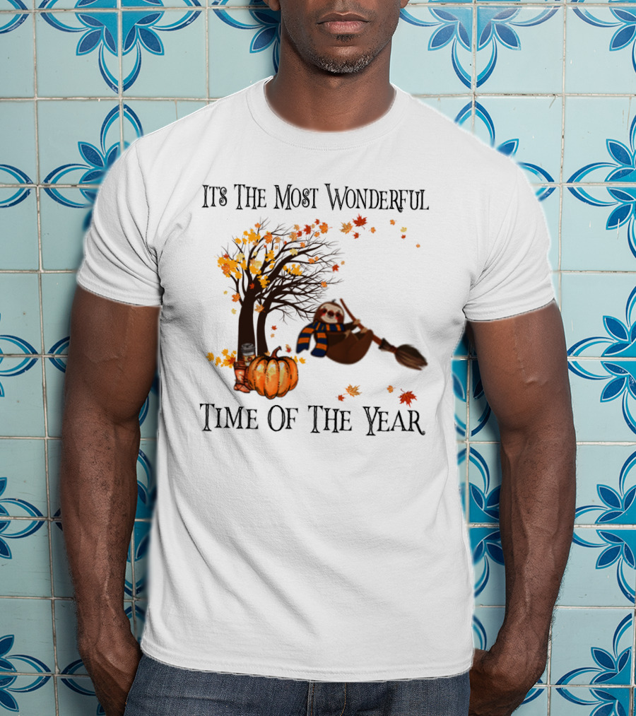 It's The Most Wonderful Time Of The Year Sloth Broom Pumpkin Autumn Leaves Tree T-Shirt