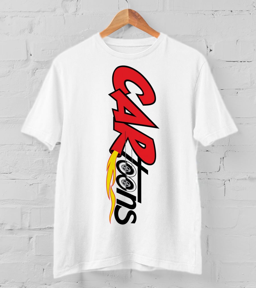 CARTOONS Red And Black Text With Flames And Wheel T-Shirt