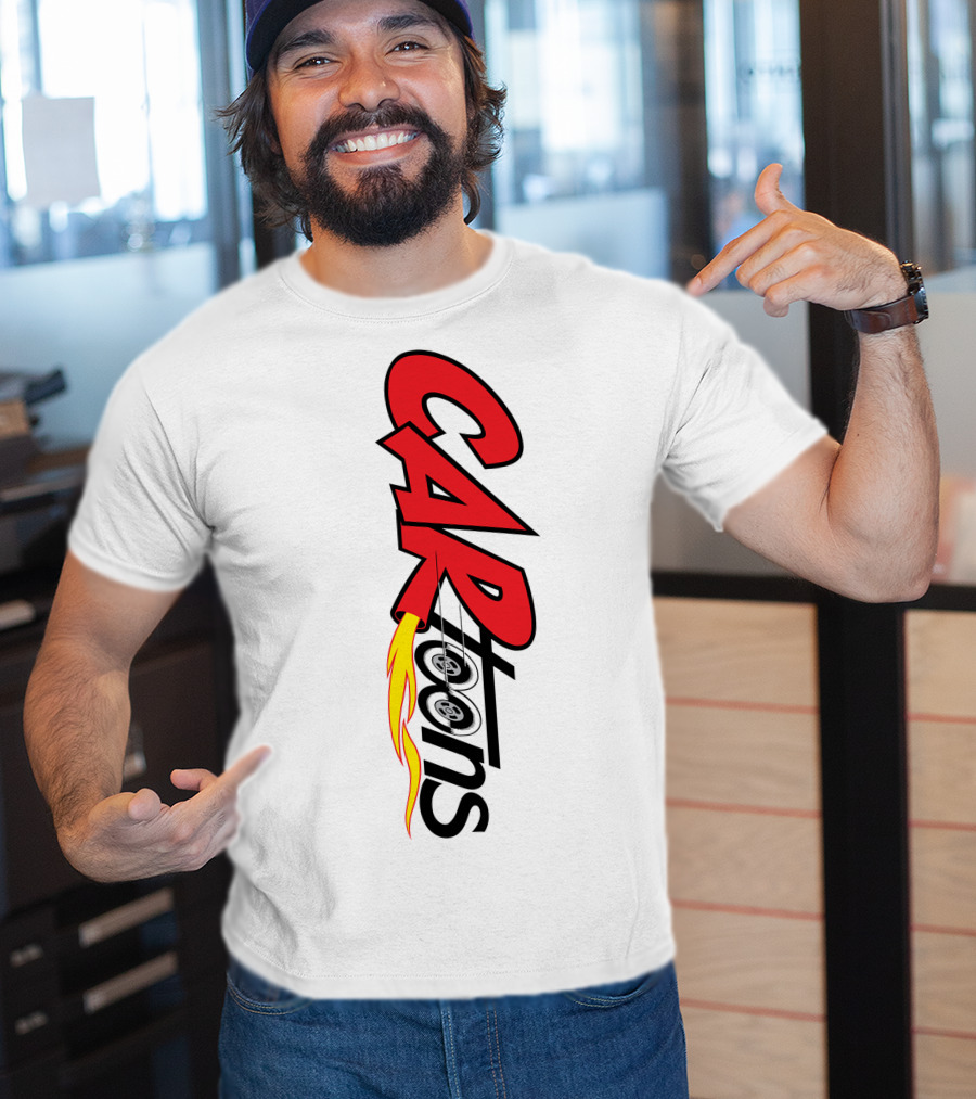 CARTOONS Red And Black Text With Flames And Wheel T-Shirt
