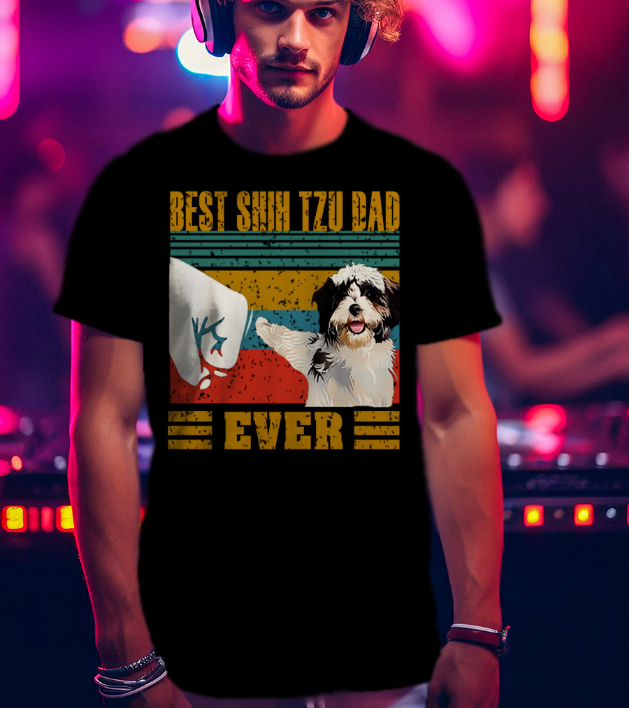 Best Shih Tzu Dad Ever Vintage Style Dog Paw Prints T-Shirt