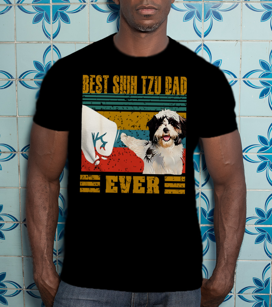 Best Shih Tzu Dad Ever Vintage Style Dog Paw Prints T-Shirt