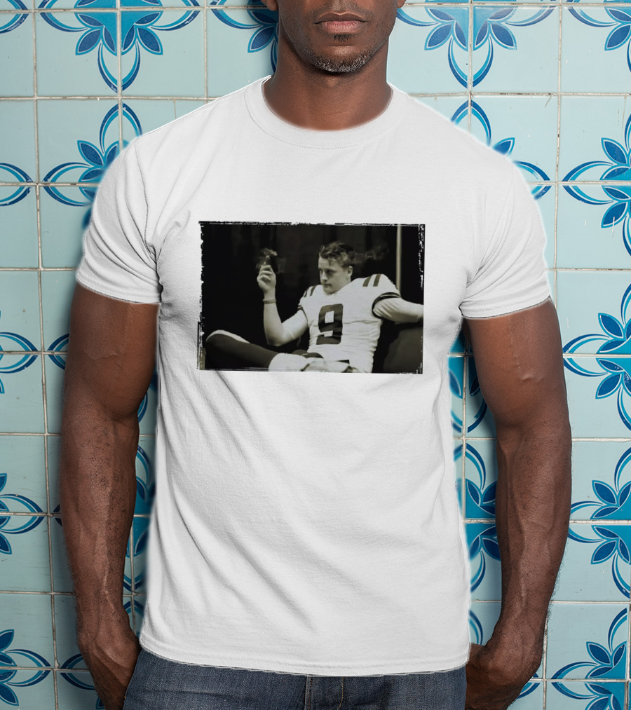 Smoking Joe Burrow Cigar Relaxing In Football Jersey Number 9 T-Shirt