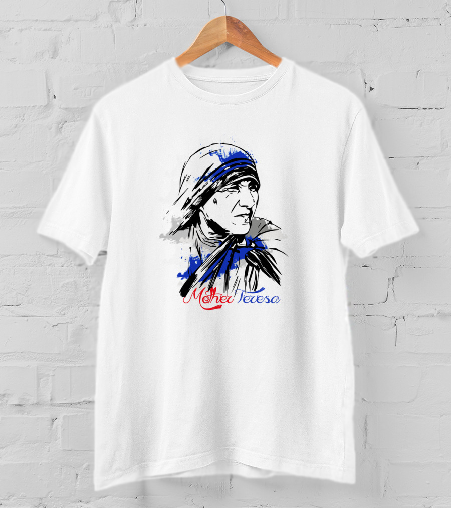 Mother Teresa Hand-Drawn Blue And Red Stylized T-Shirt