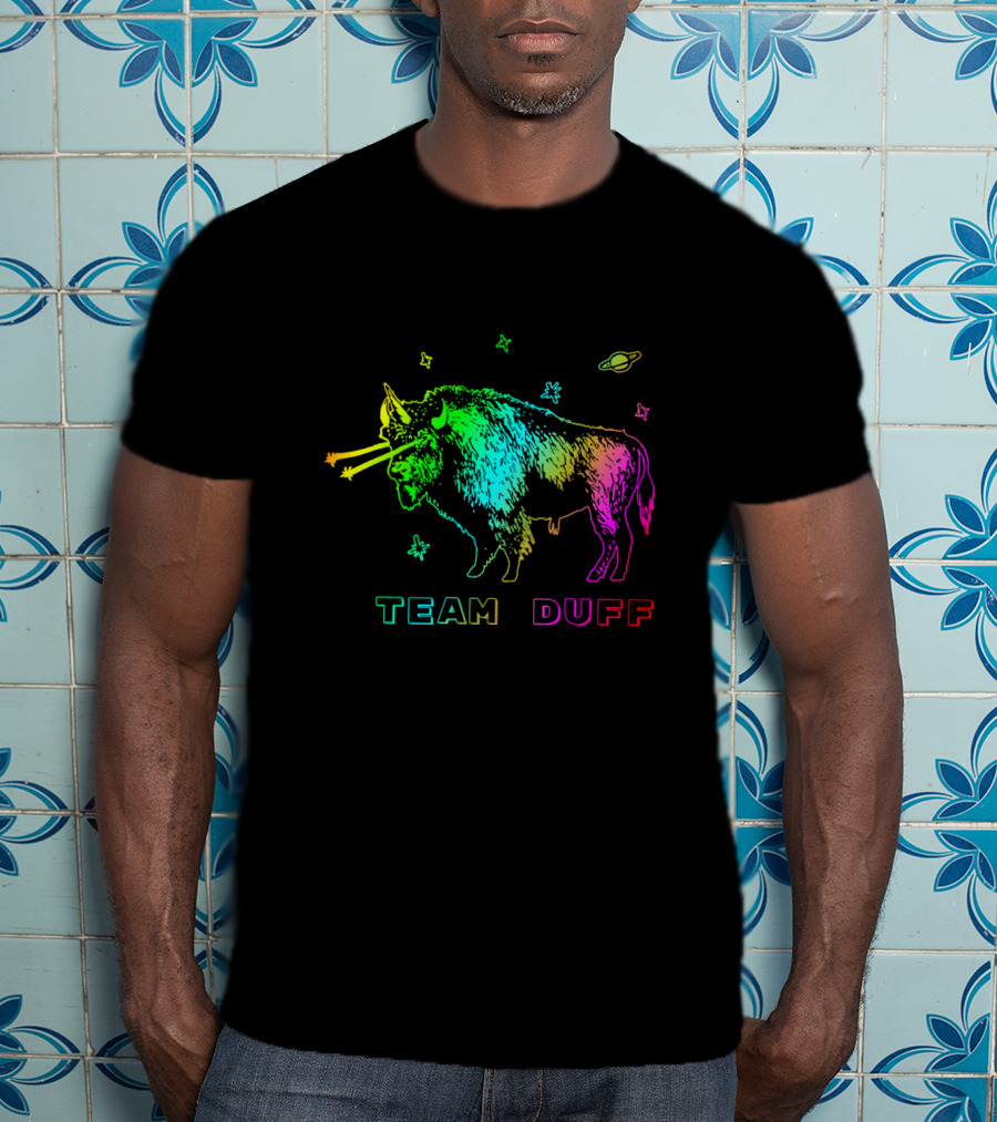 Team Duff Space Bison With Rainbow Laser Eyes And Stars T-Shirt