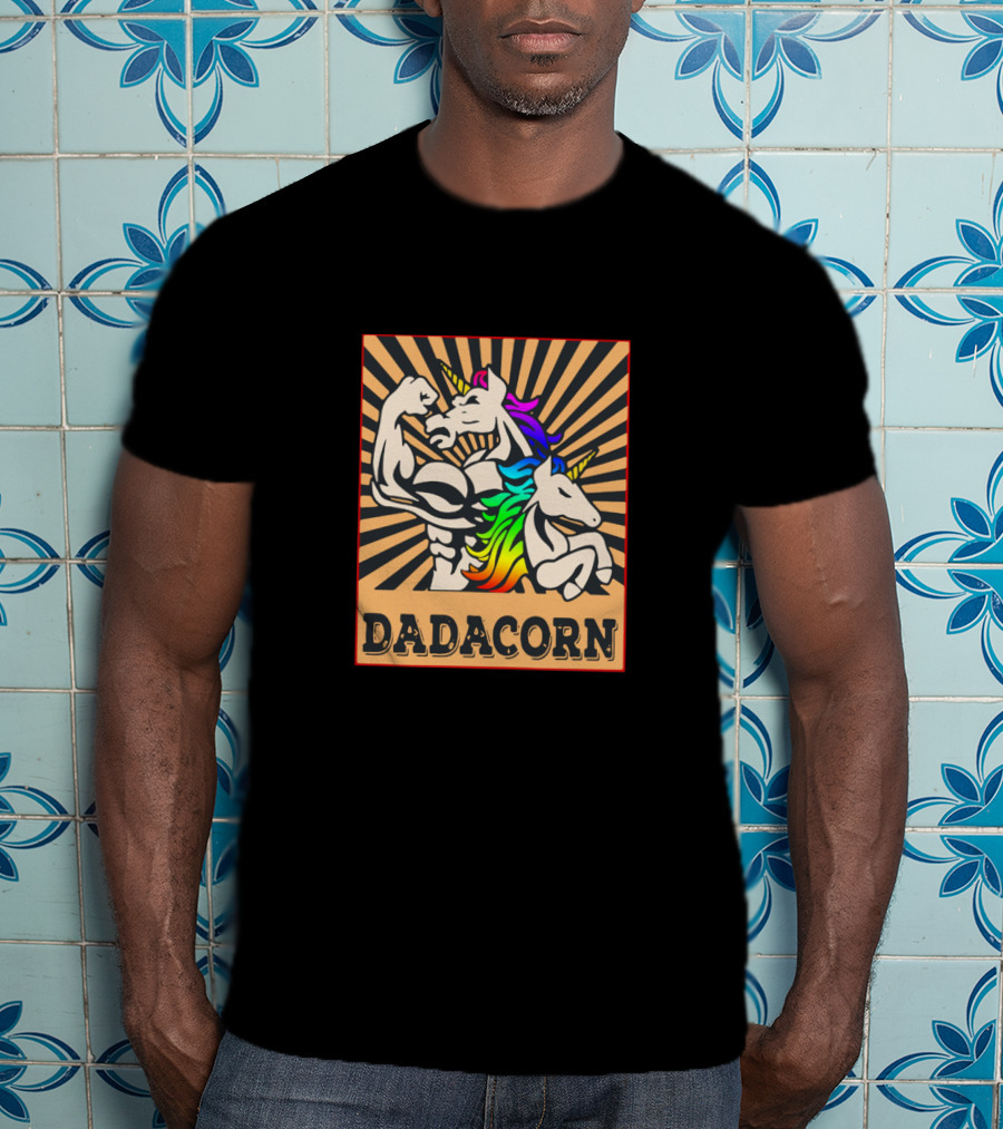 Dadacorn Muscular Rainbow Unicorn Duo With Sunburst Background T-Shirt