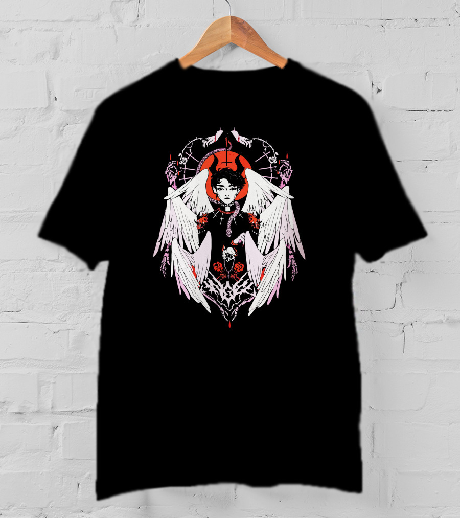 W6rst Merch Gothic Angel Wings Broken Heart Roses Snakes Clergy Collar T-Shirt