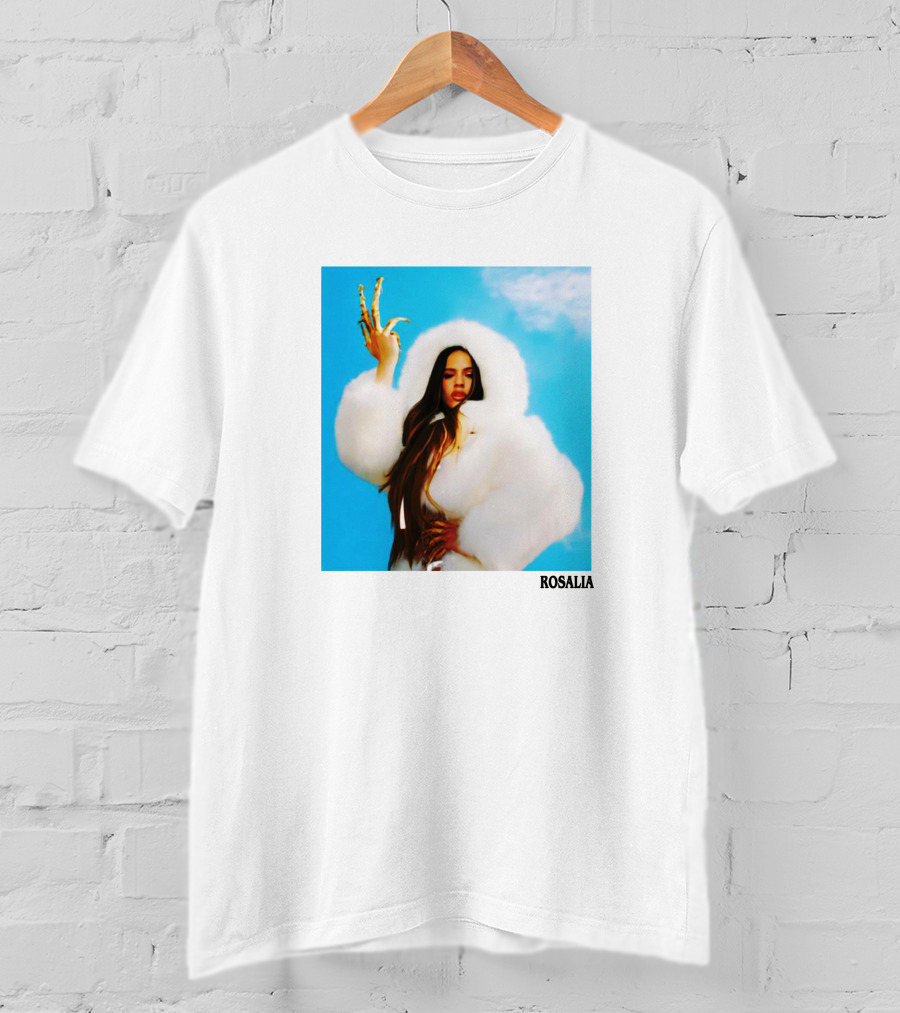 ROSALIA Dramatic Fur Coat And Gold Nails Blue Sky T-Shirt