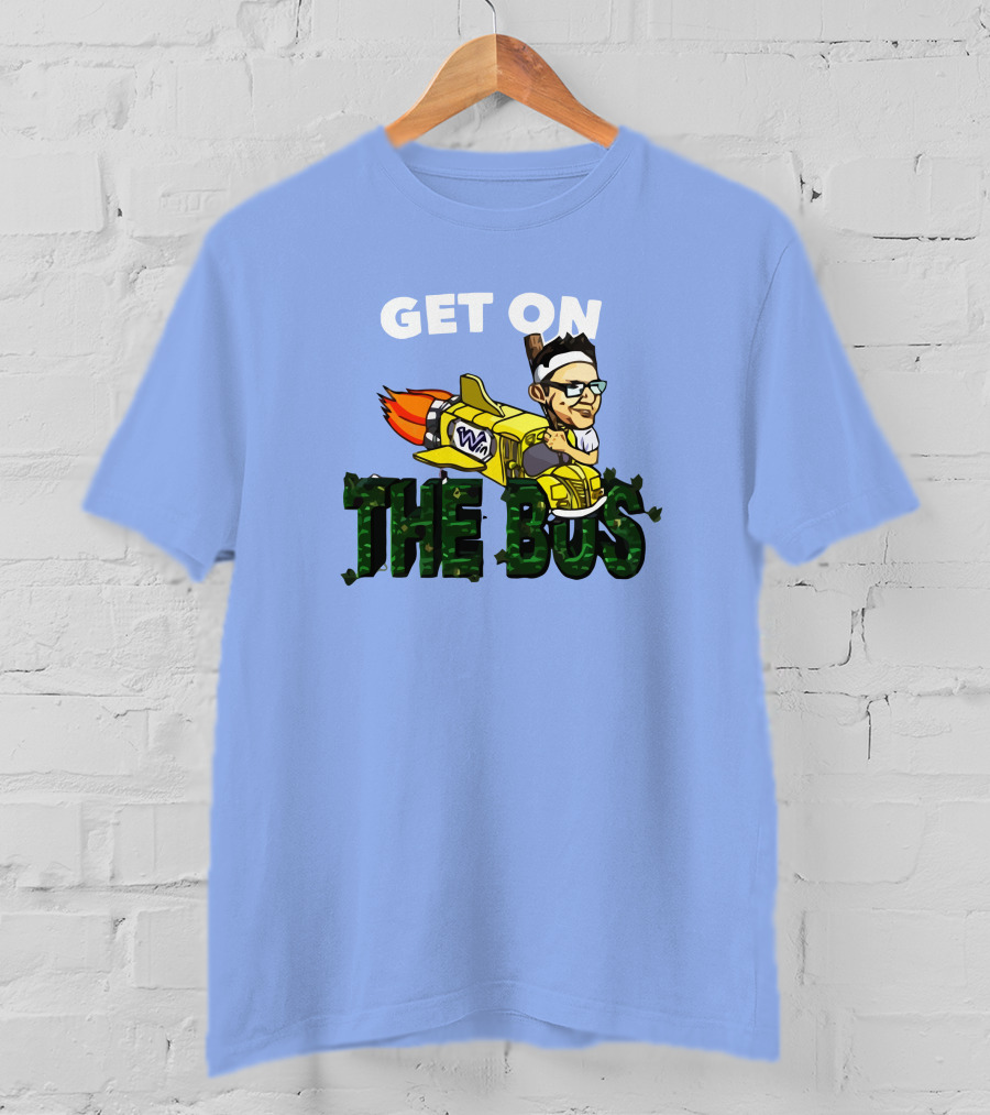 GET ON THE BUS Rocket Cartoon Character With Headband And Glasses T-Shirt