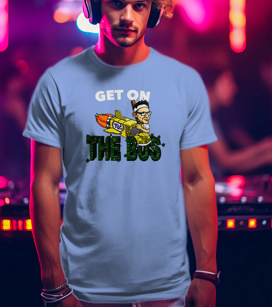 GET ON THE BUS Rocket Cartoon Character With Headband And Glasses T-Shirt