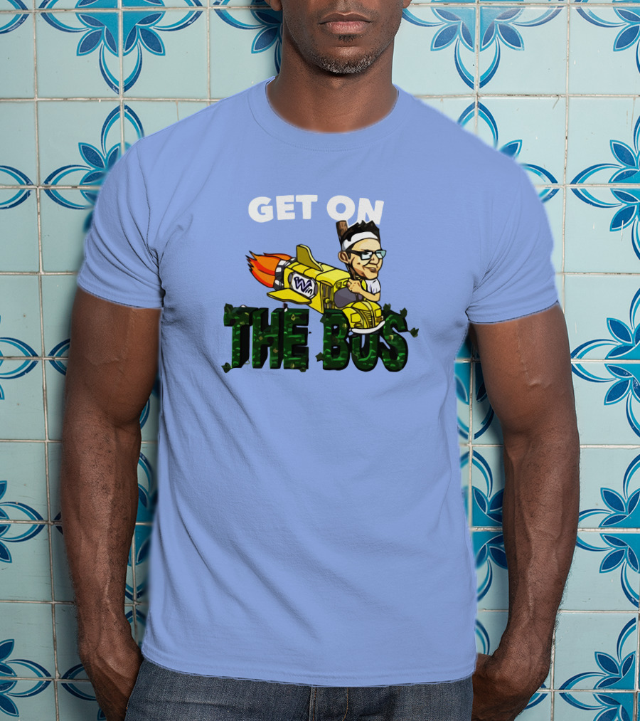 GET ON THE BUS Rocket Cartoon Character With Headband And Glasses T-Shirt