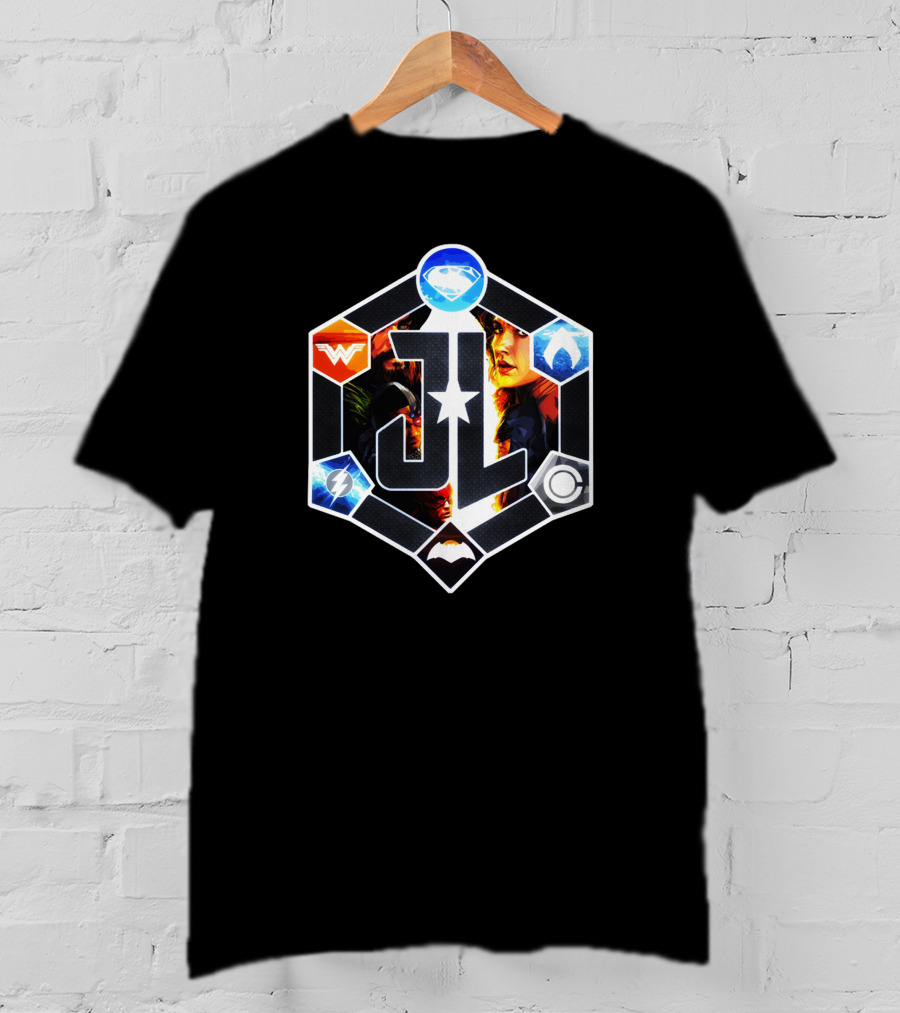 JL Justice League Superhero Symbols And Faces Collage T-Shirt