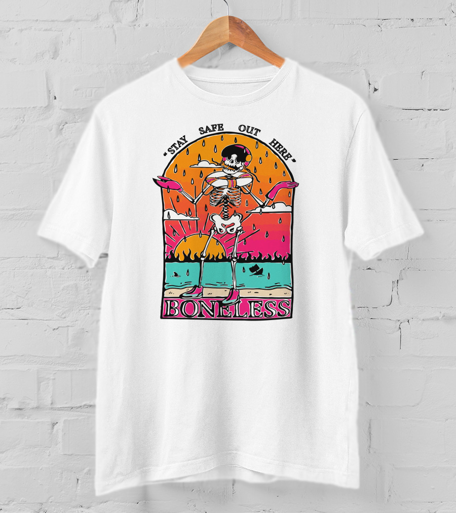Stay Safe Out Here Boneless Sunset Skeleton Surfer T-Shirt