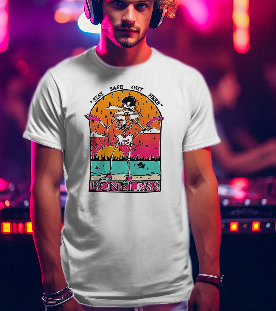 Stay Safe Out Here Boneless Sunset Skeleton Surfer T-Shirt