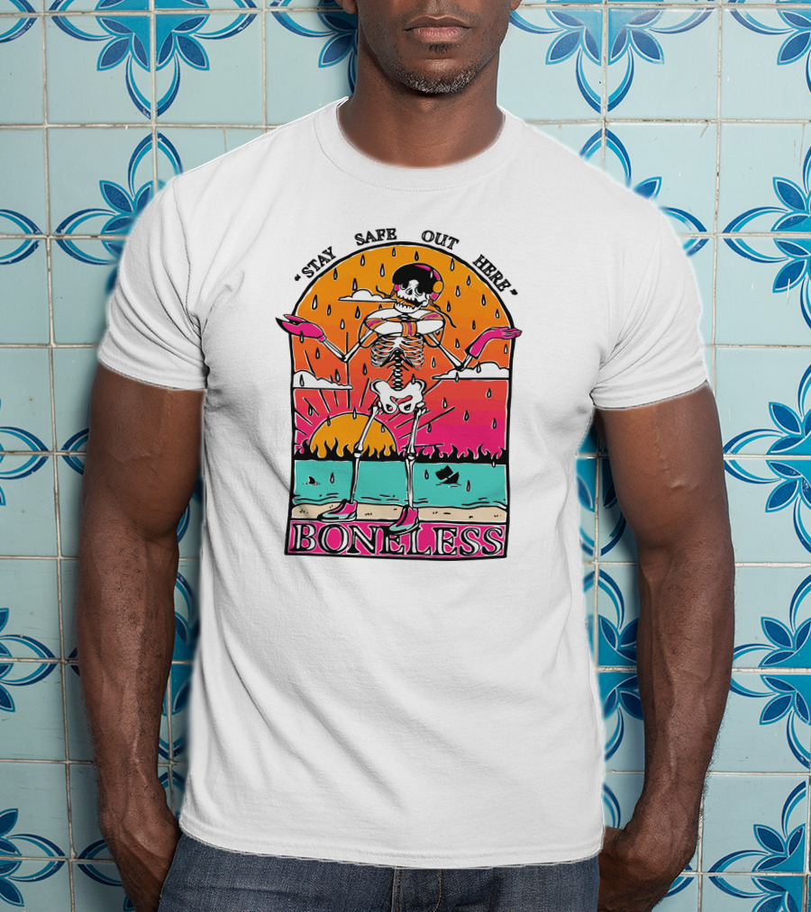 Stay Safe Out Here Boneless Sunset Skeleton Surfer T-Shirt