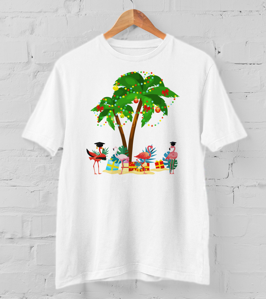 Tropical Christmas Flamingos Under Palm Tree With Gifts T-Shirt