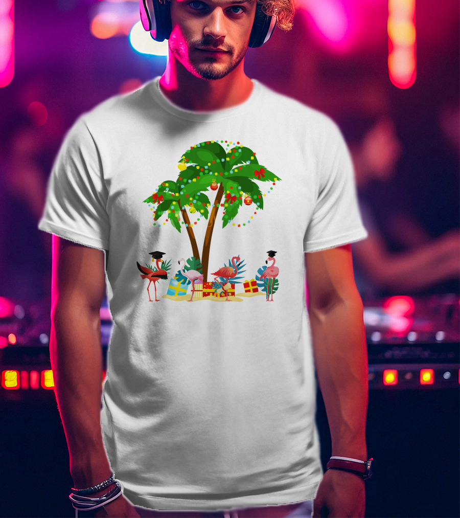 Tropical Christmas Flamingos Under Palm Tree With Gifts T-Shirt