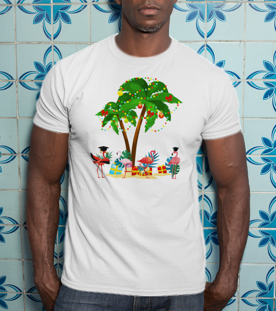 Tropical Christmas Flamingos Under Palm Tree With Gifts T-Shirt