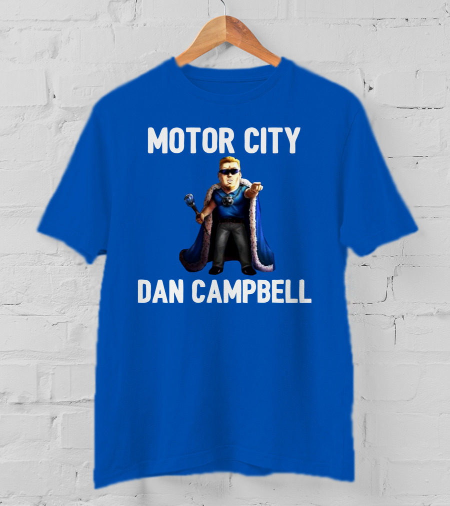Motor City Dan Campbell Iconic Blue Cape And Scepter Character Representation T-Shirt