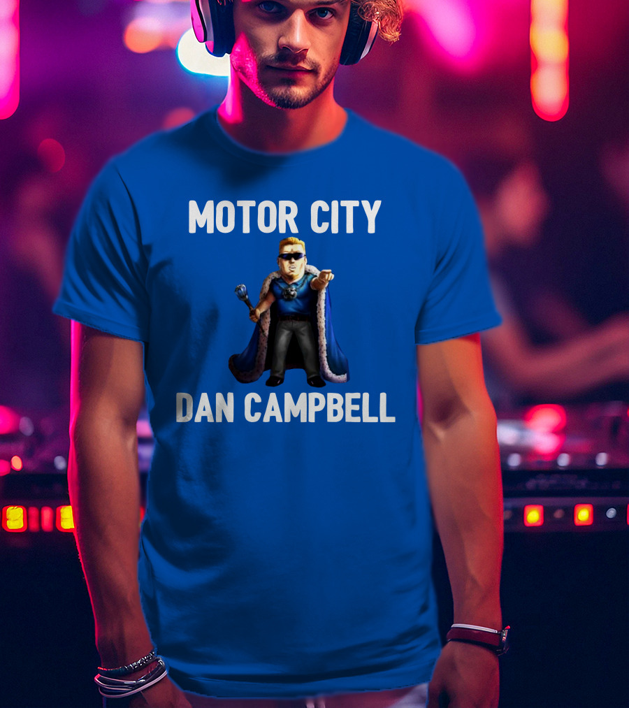 Motor City Dan Campbell Iconic Blue Cape And Scepter Character Representation T-Shirt