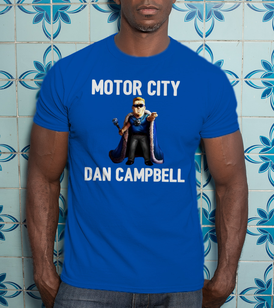 Motor City Dan Campbell Iconic Blue Cape And Scepter Character Representation T-Shirt