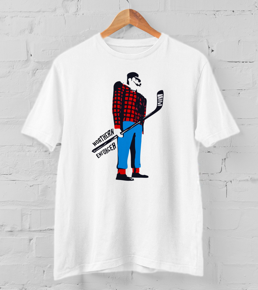 Northern Enforcer Hockey Plaid Lumberjack Player With Stick T-Shirt