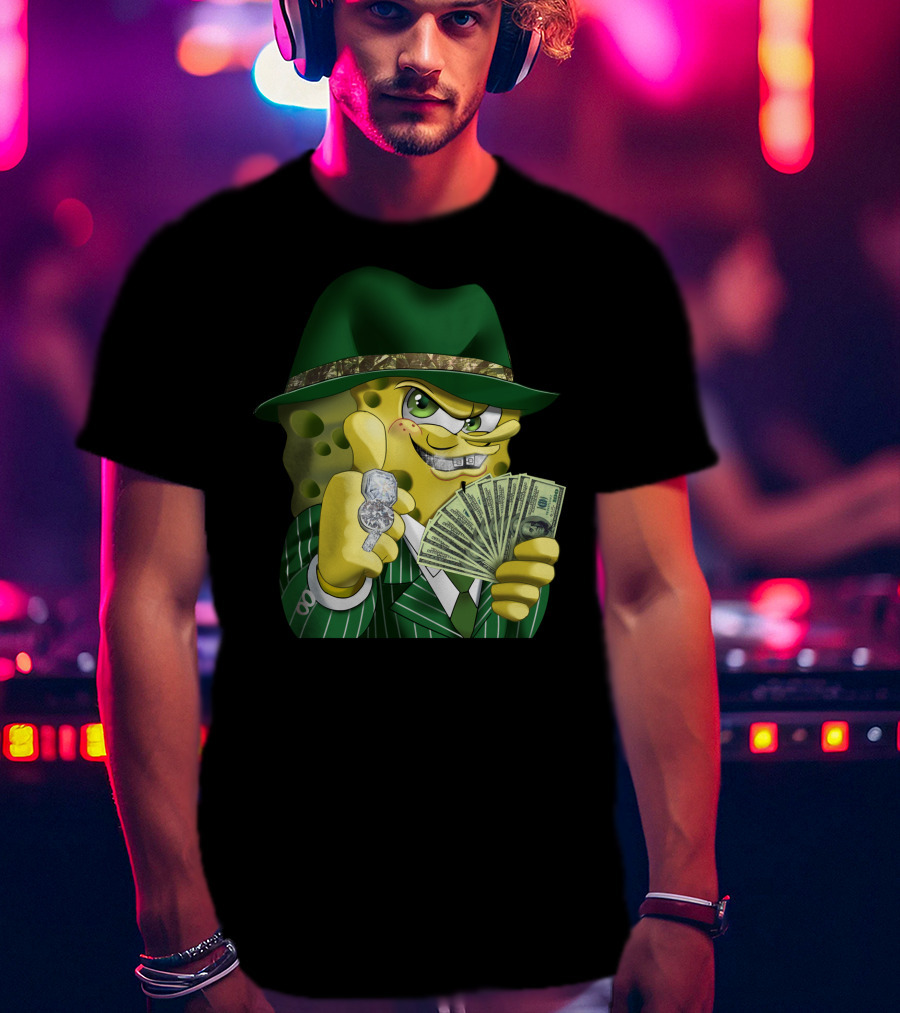 SpongeBob Gangster Style In Green Suit And Hat With Money And Diamonds T-Shirt