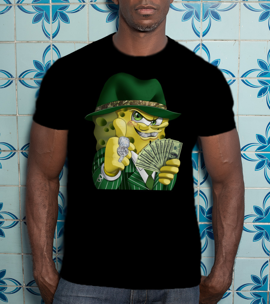 SpongeBob Gangster Style In Green Suit And Hat With Money And Diamonds T-Shirt