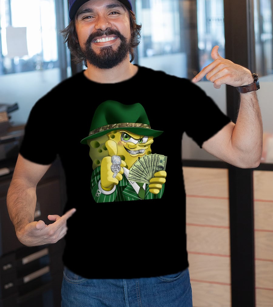 SpongeBob Gangster Style In Green Suit And Hat With Money And Diamonds T-Shirt