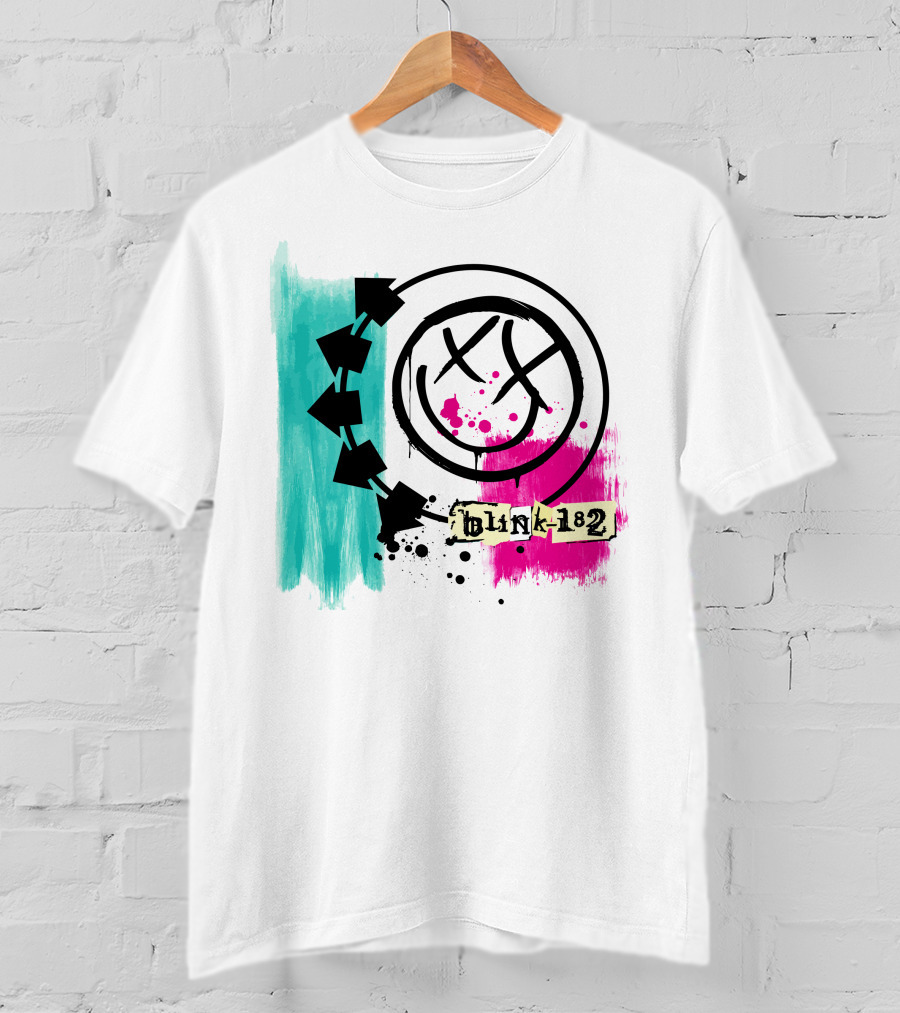 Blink 182 I Miss You Smiley Logo With Pink And Teal Paint Splatter T-Shirt