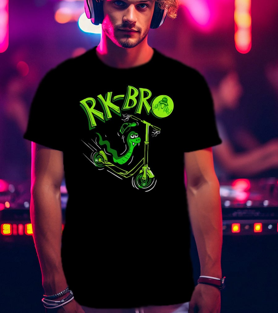 RK Bro Cartoon Snake On Scooter With Green Graphics T-Shirt