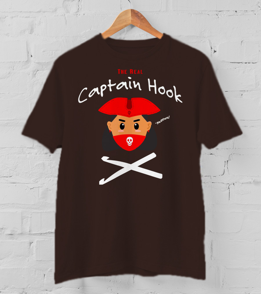 The Real Captain Hook Yarrnn Skull Red Hat Pirate Face Crossed Needles T-Shirt