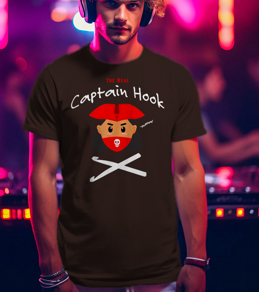 The Real Captain Hook Yarrnn Skull Red Hat Pirate Face Crossed Needles T-Shirt