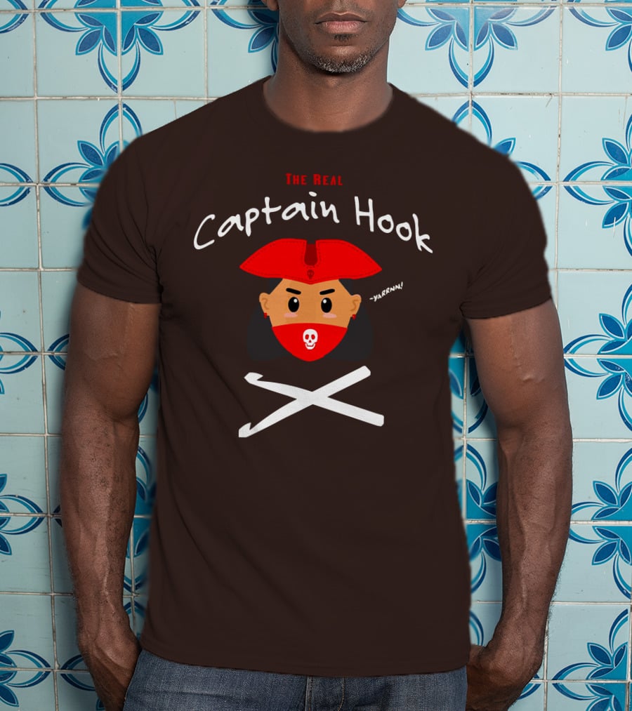 The Real Captain Hook Yarrnn Skull Red Hat Pirate Face Crossed Needles T-Shirt