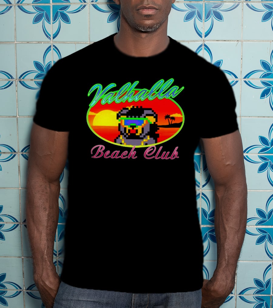 Valhalla Beach Club 80s Retro Pixel Sunset And Palm Trees T-Shirt